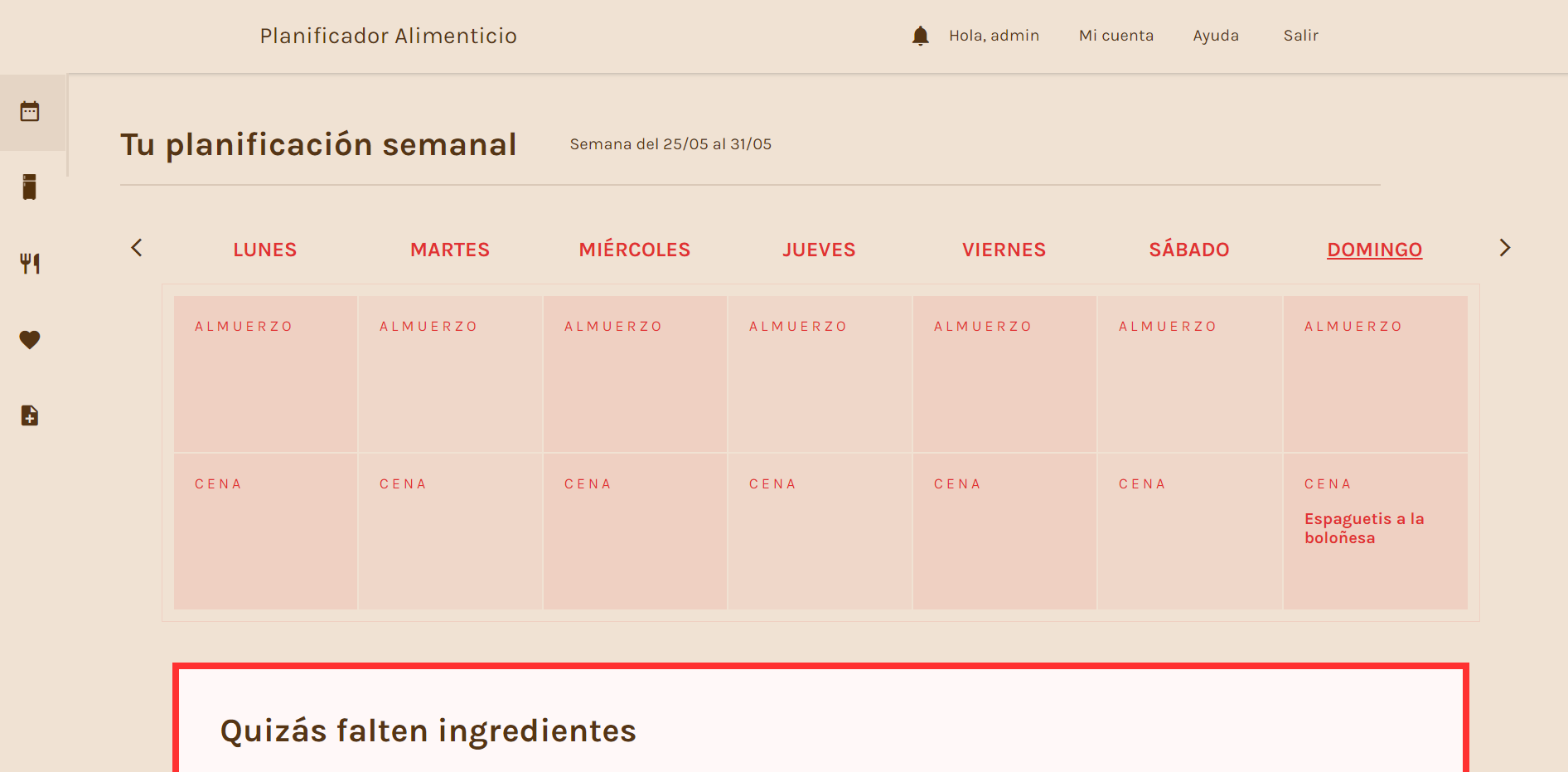 Food scheduler main view